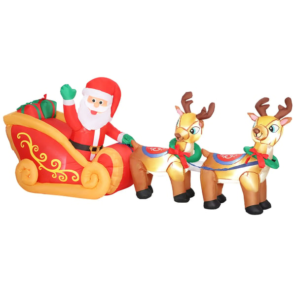 Jultomte med släde och ren - Uppblåsbar juldekoration - LED-belysning - För utomhus och inomhus - Storlek 240×75×100 cm - Röd