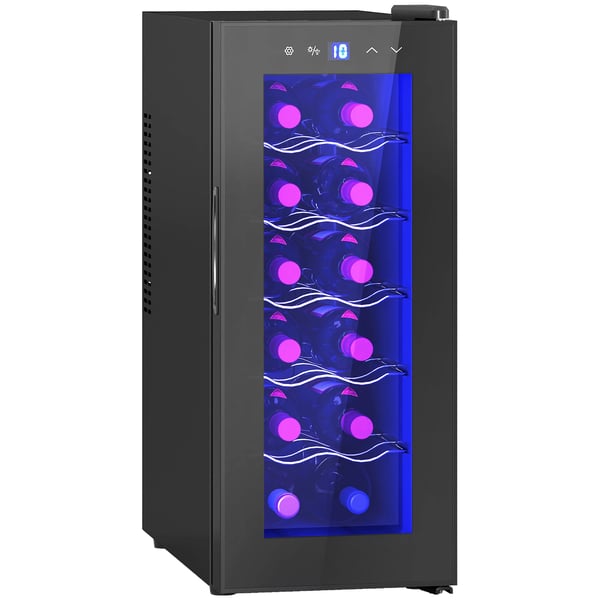 Vinkylare - 12 Flaskor - Dubbel termoelektrisk kylning - Justerbar 8–18 °C - Glasdörr med UV-skydd - LED-display - Inre belysning - Svart
