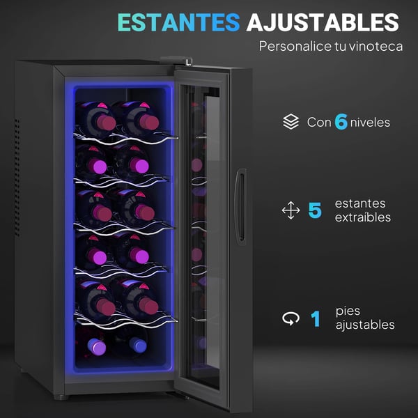 Vinkylare - 12 Flaskor - Dubbel termoelektrisk kylning - Justerbar 8–18 °C - Glasdörr med UV-skydd - LED-display - Inre belysning - Svart