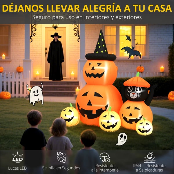 Uppblåsbar Halloween-pumpa med katt - Trädgårdsdekoration - LED-belysning IP44 - Inbyggd fläkt - 160×100×180 cm - Orange