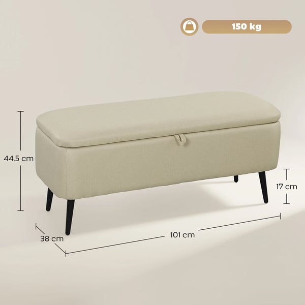 Förvaringsbänk - Sittpuff/Bänk - Fällbart lock - Stålben - Mått 101 x 38,5 x 44,5 cm - Beige