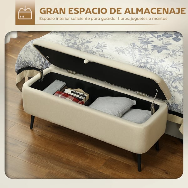 Förvaringsbänk - Sittpuff/Bänk - Fällbart lock - Stålben - Mått 101 x 38,5 x 44,5 cm - Beige