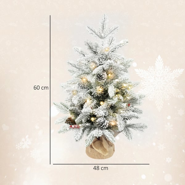Julgran - Mini konstgjord gran - 60 cm - 35 LED-lampor - 182 täta grenar - Snöflockad - Kottar & bär