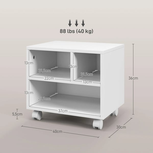 Skrivarvagn - Kontorsmöbel - Med hjul - Öppna fack - Fristående - Arkivförvaring - 40 × 30 × 36 cm - Vit