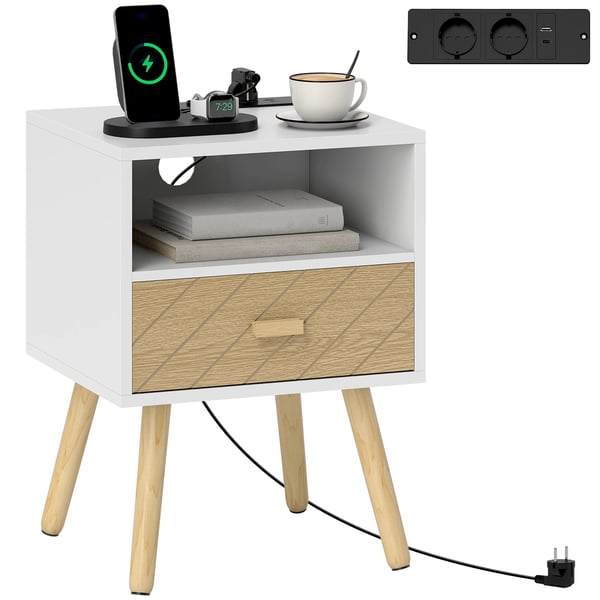 Sängbord - Nattduksbord - Laddningsstation 2 eluttag & USB‑C - Låda - Öppet Fack - Träben - Modern Marockansk Stil - Vit