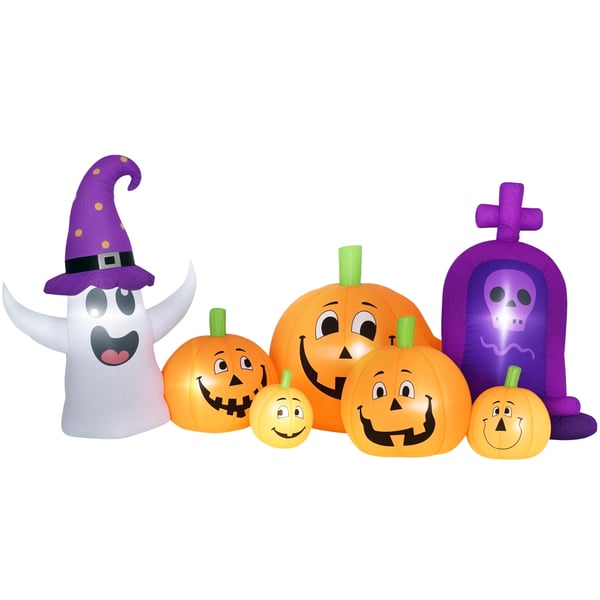 Uppblåsbar Halloweenpumpa med spöke och gravsten - Trädgårdsdekoration - LED-ljus - IP44 - Inbyggd fläkt - 240 x 130 x 130 cm - Flerfärgad
