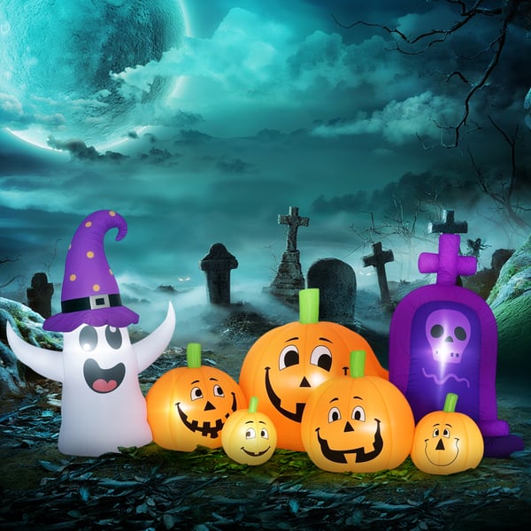Uppblåsbar Halloweenpumpa med spöke och gravsten - Trädgårdsdekoration - LED-ljus - IP44 - Inbyggd fläkt - 240 x 130 x 130 cm - Flerfärgad