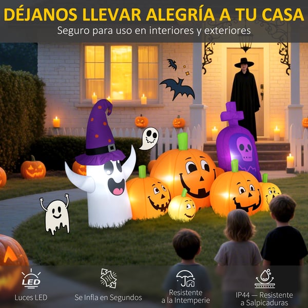 Uppblåsbar Halloweenpumpa med spöke och gravsten - Trädgårdsdekoration - LED-ljus - IP44 - Inbyggd fläkt - 240 x 130 x 130 cm - Flerfärgad