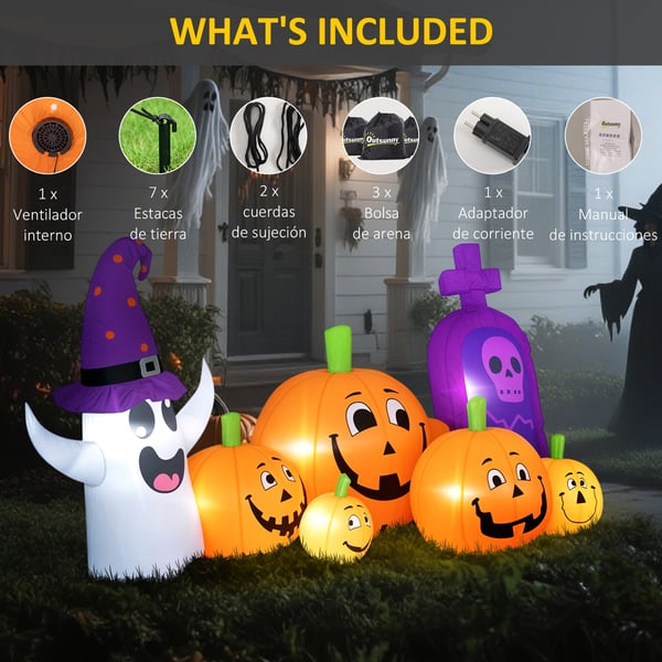 Uppblåsbar Halloweenpumpa med spöke och gravsten - Trädgårdsdekoration - LED-ljus - IP44 - Inbyggd fläkt - 240 x 130 x 130 cm - Flerfärgad