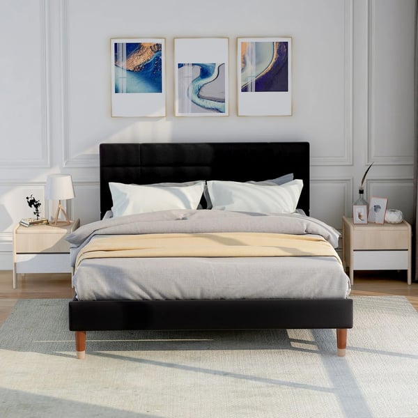 Polstret seng - Dobbeltseng - 140x200 cm - Stofbetræk - Sengegavl - Inkl. lamelbund - Moderne - Sort