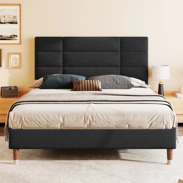 Polstret sengeramme - Dobbeltseng 140x200 cm - Med lamelbund - Polstret hovedgærde - Moderne design - Samling kræves - Sort