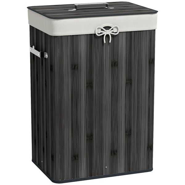 Tvättkorg - Rektangulär Med Lock - Hopfällbar - Med Handtag - 40×30×60 cm - Bambu - Mörkgrå