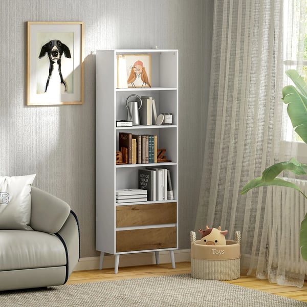 Hyllenhet - Bokhylla - 4 öppna hyllor - 2 melaminlådor - Ben i furu - 60 x 30 x 179 cm - Vit