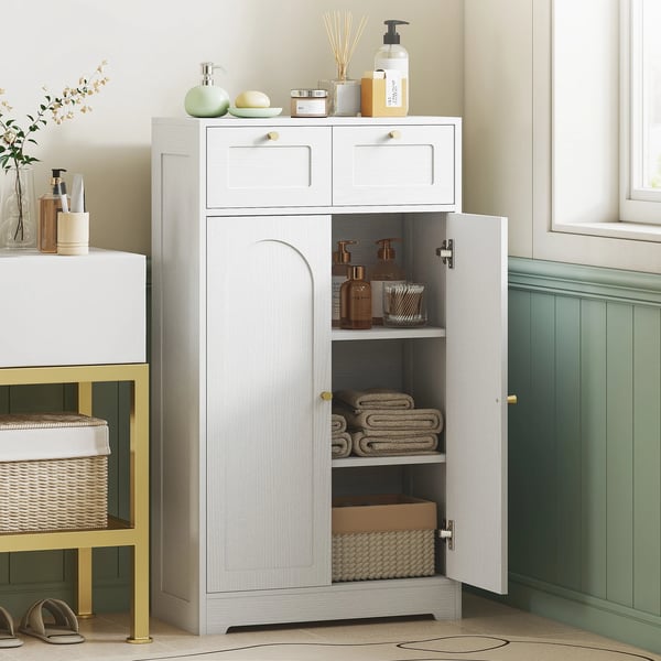 Smalt badrumsskåp - Golvskåp - 2 lådor - Öppen hylla - Dörr med bågformad panel - 60×30×108 cm - Vit