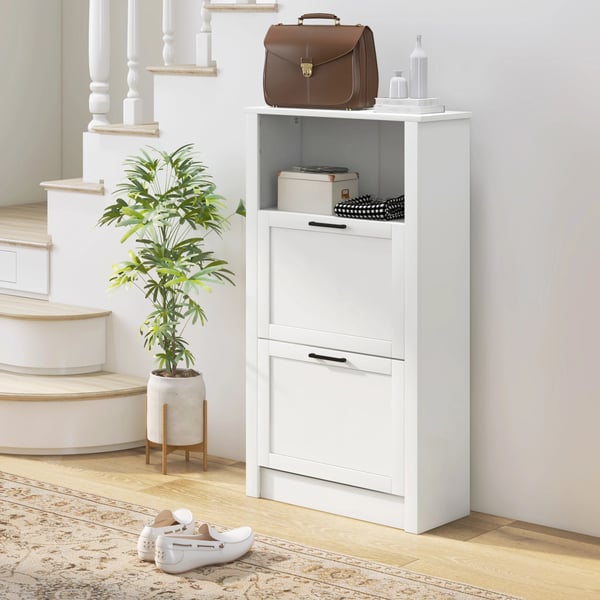 Skoskåp - Smal modell - 2 dörrar - Justerbara hyllor - Öppet fack - För 10 par - 58×24×105 cm - Vit