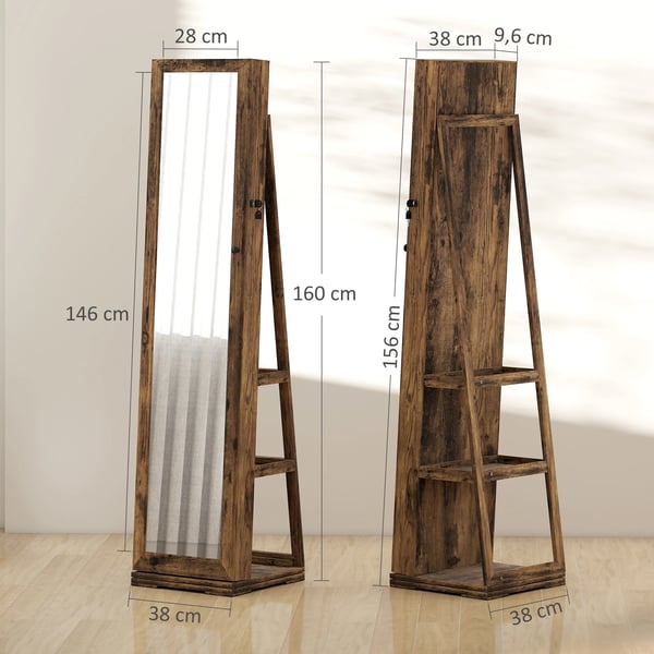 Smyckesskåp - Spegelskåp - 360° Roterbart - Med Lås - Liten Invändig Spegel - Trä - 38×38×160 cm - Ljusbrun