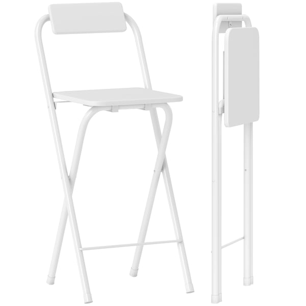 Set med 2 barstolar - Fällbara - Ryggstöd och fotstöd - Stålram - För köksö och bardisk - Vit
