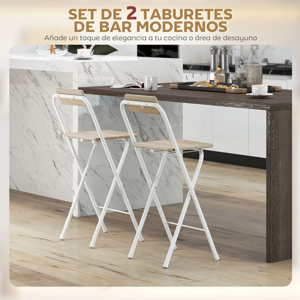 Barstolar - Fällbara - Set om 2 - Med ryggstöd - Fotstöd - Stålram - För bardisk/köksö - Khaki