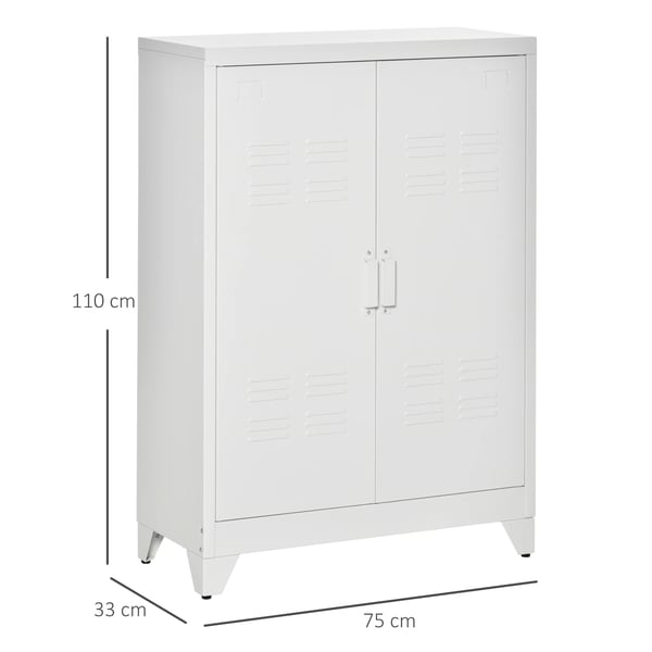 Metallskåp - Förvaringsskåp - 2 dörrar - 2 justerbara hyllor - 75 x 33 x 110 cm - Vit