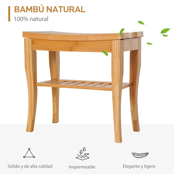 Bambu badrumspall med hylla - Duschpall/Badrumsbänk - Vattentät - Stadig - 47,5x26x44,5 cm - För spa & hem - Khaki