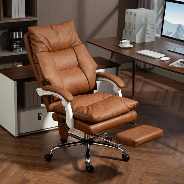 Ergonomisk kontorsstol - Skrivbordsstol - Uppblåsbart ländryggsstöd - PU-läder - Fotstöd - Fällbart ryggstöd - Höjdjusterbar - Khaki