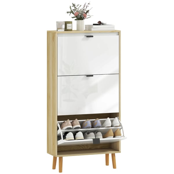 Skoskåp - Smalt Med 3 Dörrar - Justerbara Hyllor - För 18 Par - 60x24x127 cm - Träben - Vit