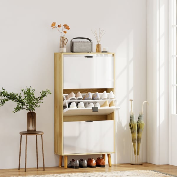 Skoskåp - Smalt Med 3 Dörrar - Justerbara Hyllor - För 18 Par - 60x24x127 cm - Träben - Vit
