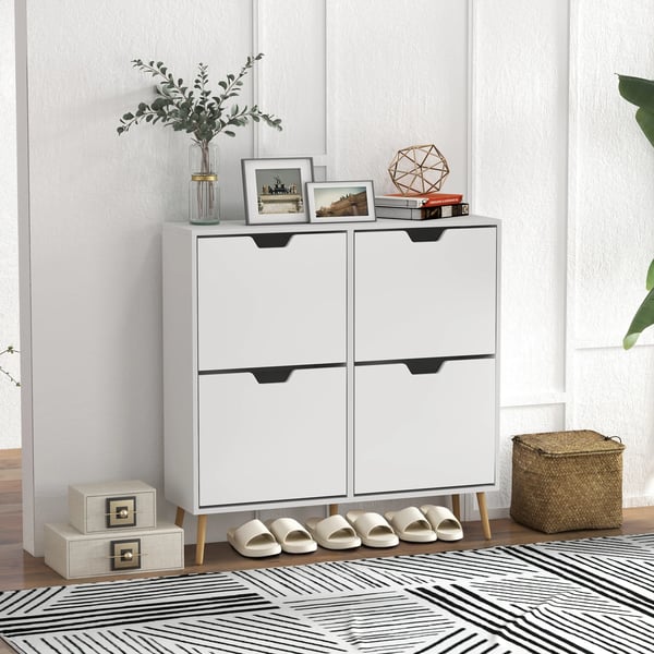 Skoskåp - Smal med 4 fällbara lådor - Träben - För 16 par - 95×26×95 cm - Vit