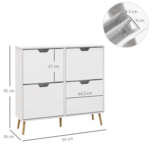 Skoskåp - Smal med 4 fällbara lådor - Träben - För 16 par - 95×26×95 cm - Vit