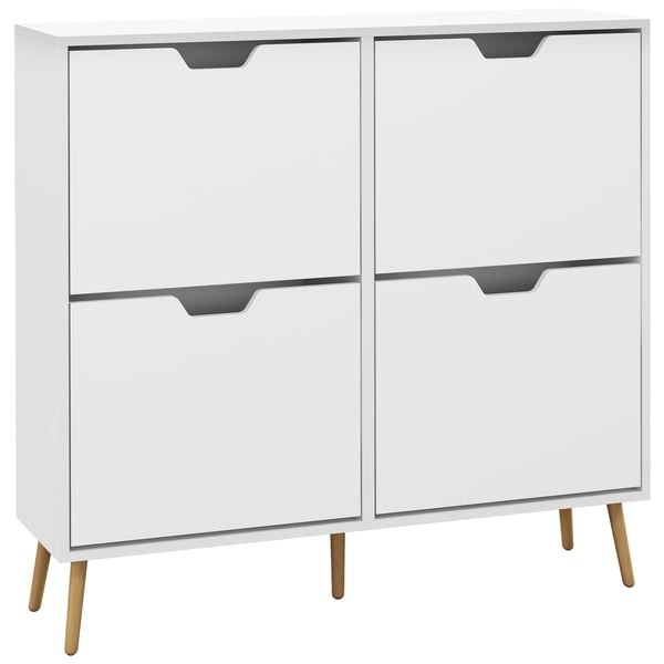 Skoskåp - Smal med 4 fällbara lådor - Träben - För 16 par - 95×26×95 cm - Vit
