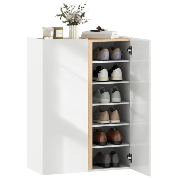 Skoskåp - Skohylla med dörrar - 6 Hyllplan - 2 Blanka Dörrar - Mjukstängning - Justerbara Hyllor - 70×33,5×95 cm - Vit