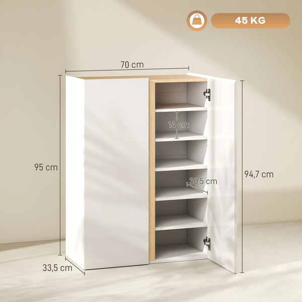 Skoskåp - Skohylla med dörrar - 6 Hyllplan - 2 Blanka Dörrar - Mjukstängning - Justerbara Hyllor - 70×33,5×95 cm - Vit