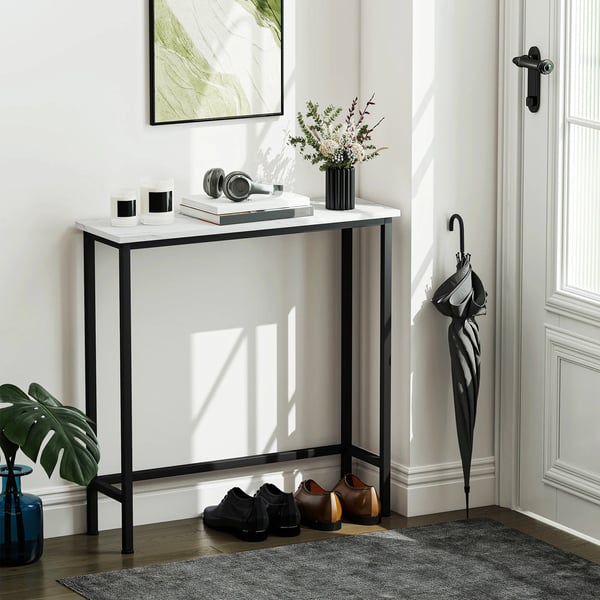 Smalt konsolbord - Hallbord - Skiva i marmoreffekt - Metallram - 75 x 24 x 76 cm - Smal design - Svart