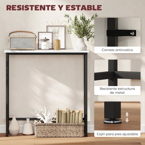 Smalt konsolbord - Hallbord - Skiva i marmoreffekt - Metallram - 75 x 24 x 76 cm - Smal design - Svart