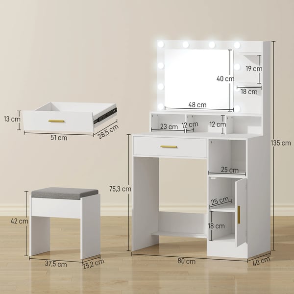 Sminkbord - Toalettbord med LED-belysning - Spegel och pall - 10 lampor - Lådor, hyllor och fack - Vit
