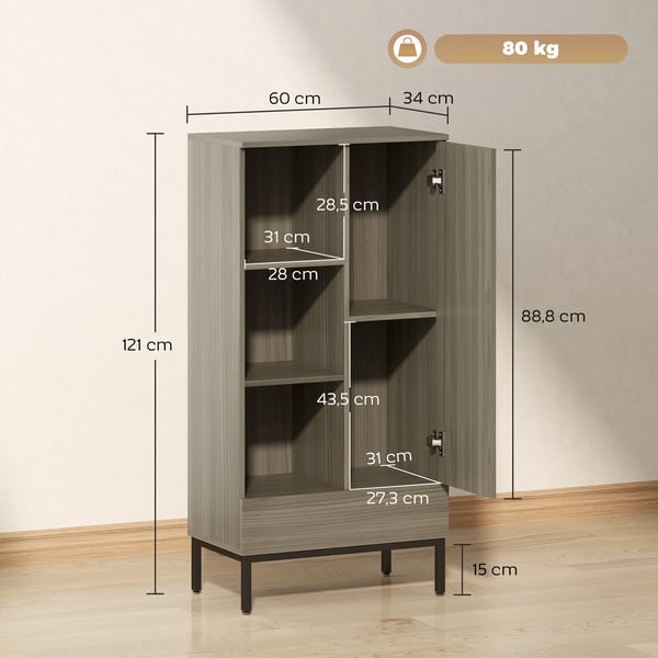 Sideboard för vardagsrum - Skänk med dörr och låda - Justerbar hylla - 3 öppna fack - 60 x 34 x 121 cm - Khaki
