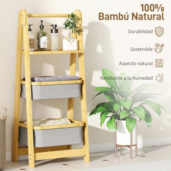 Bambu badrumshylla - Väggmonterad hylla - 2 korgar - Hopfällbar - Öppen förvaring - För smutstvätt - Ljusgrå