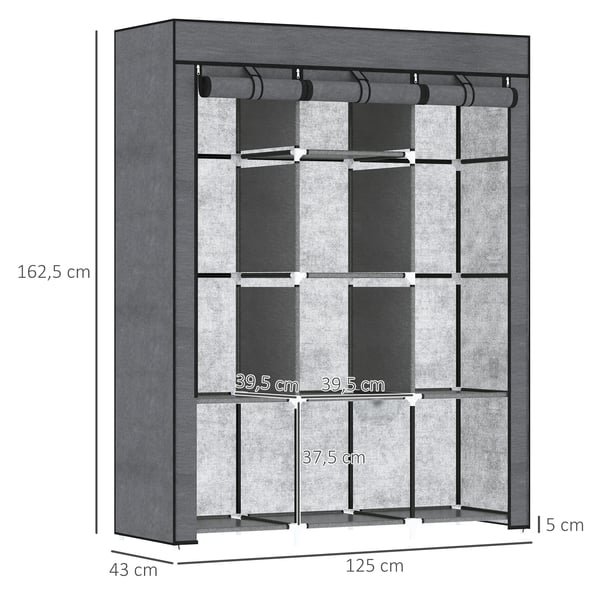 Tyggarderob - Hopfällbart Klädskåp - 8 Hyllor - 2 Klädstänger - Bärbar - 125×43×162,5 cm - Grå