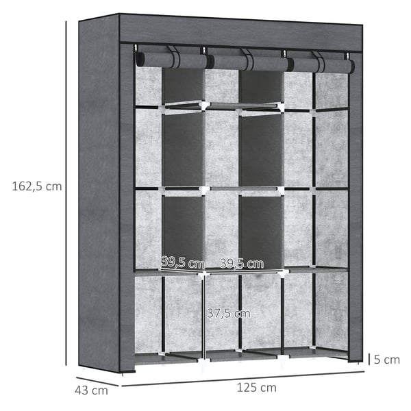 Tyggarderob - Hopfällbart Klädskåp - 8 Hyllor - 2 Klädstänger - Bärbar - 125×43×162,5 cm - Grå