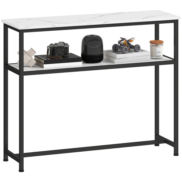 Vardagsrumsbord - Soffbord/kaffebord - Smal design - Marmorlook - Öppen hylla - Metallram - 100 x 30 x 81 cm - Vit