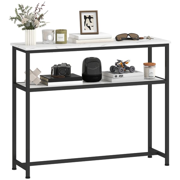 Vardagsrumsbord - Soffbord/kaffebord - Smal design - Marmorlook - Öppen hylla - Metallram - 100 x 30 x 81 cm - Vit
