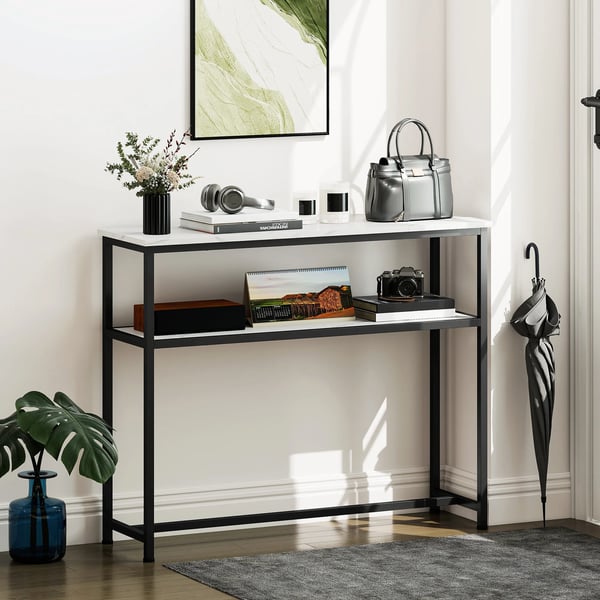 Vardagsrumsbord - Soffbord/kaffebord - Smal design - Marmorlook - Öppen hylla - Metallram - 100 x 30 x 81 cm - Vit