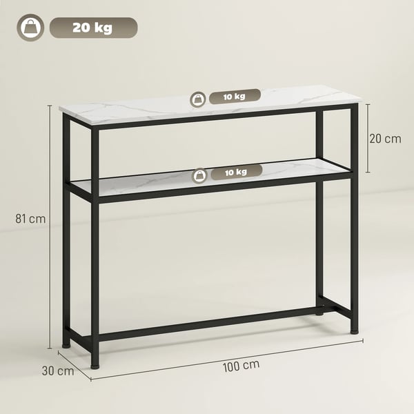 Vardagsrumsbord - Soffbord/kaffebord - Smal design - Marmorlook - Öppen hylla - Metallram - 100 x 30 x 81 cm - Vit