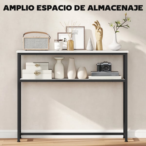 Vardagsrumsbord - Soffbord/kaffebord - Smal design - Marmorlook - Öppen hylla - Metallram - 100 x 30 x 81 cm - Vit