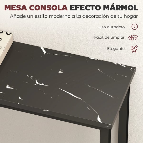Hallkonsol - Konsolbord - Smal design - Marmoreffekt skiva - Metallstativ - 100×20×66 cm - Svart