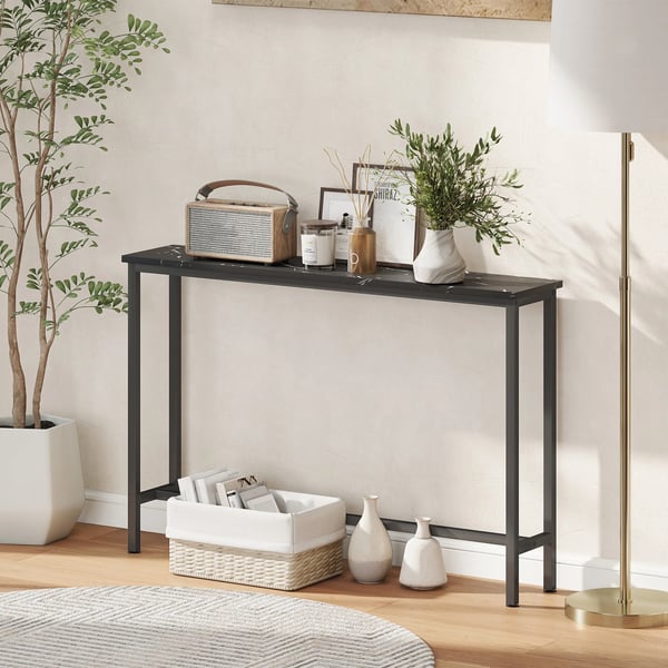 Hallkonsol - Konsolbord - Smal design - Marmoreffekt skiva - Metallstativ - 100×20×66 cm - Svart