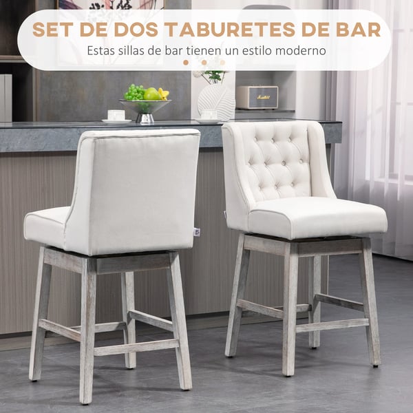 Set med 2 barstolar - Höga köksstolar med ryggstöd - Svängbara 180° - Träben - 46x57x101 cm - Beige