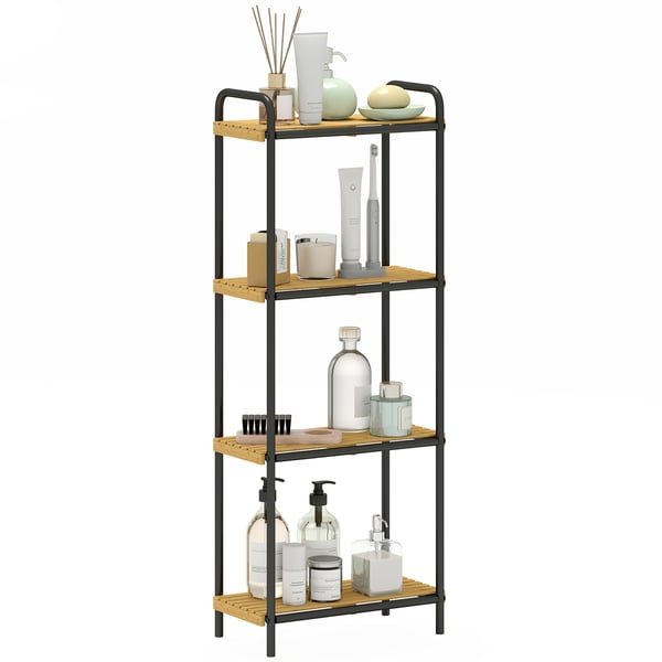 Bambu badrumshylla - Väggmonterad förvaringshylla - 4 Våningar, Öppna Hyllplan, Ribbdesign, Stålram, 41,5×21,5×106 cm - Mörk khaki