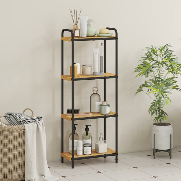 Bambu badrumshylla - Väggmonterad förvaringshylla - 4 Våningar, Öppna Hyllplan, Ribbdesign, Stålram, 41,5×21,5×106 cm - Mörk khaki