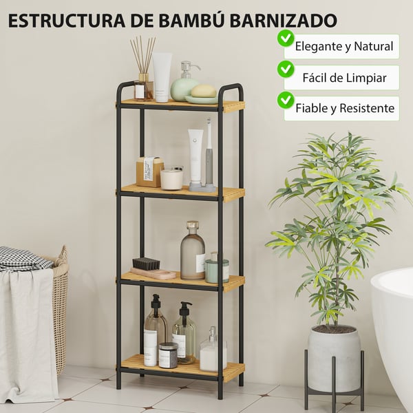 Bambu badrumshylla - Väggmonterad förvaringshylla - 4 Våningar, Öppna Hyllplan, Ribbdesign, Stålram, 41,5×21,5×106 cm - Mörk khaki